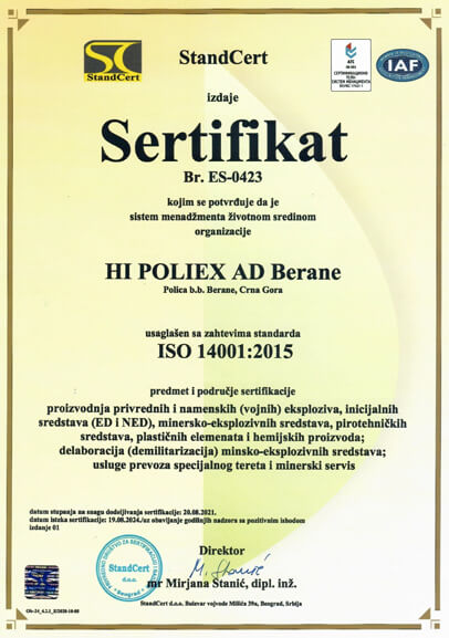 Sertifikat ISO 14001:2015 Poliex Crna Gora