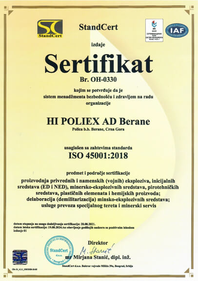 Sertifikat ISO 45001:2018 Poliex Crna Gora