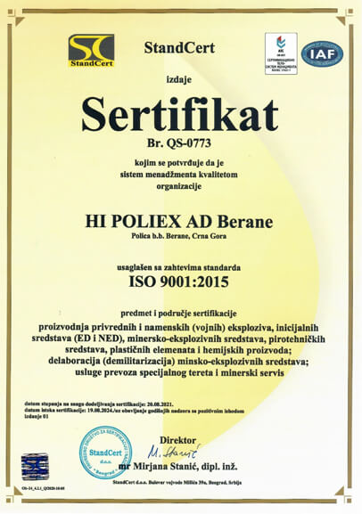 Sertifikat ISO 9001:2015 Poliex Crna Gora