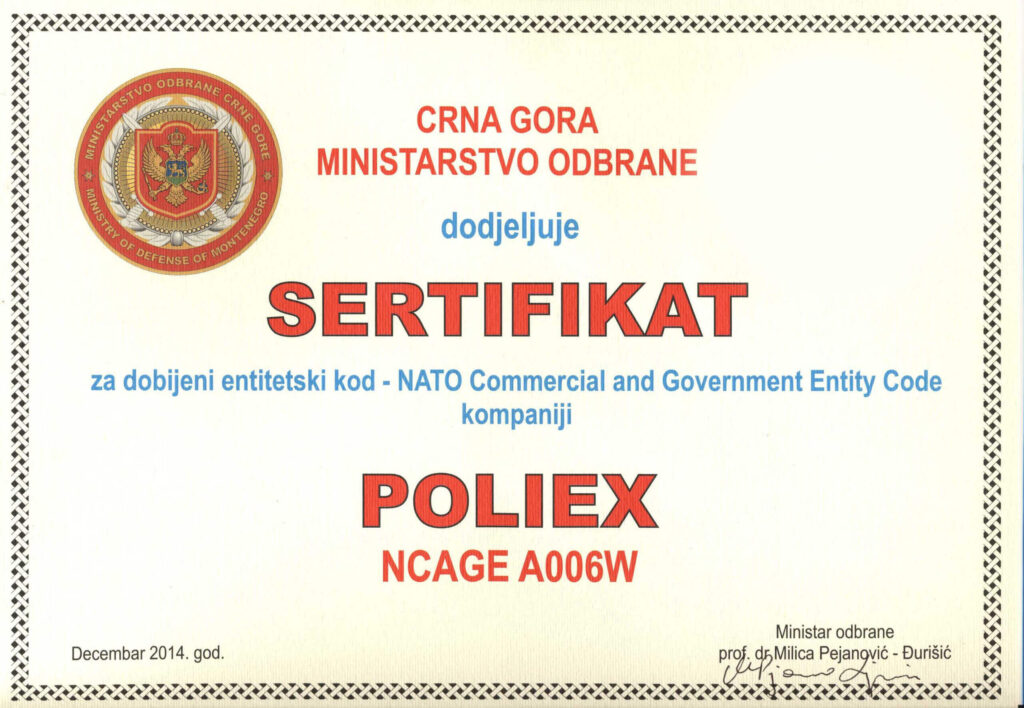 Sertifikat entitetski kod NATO Poliex Crna Gora